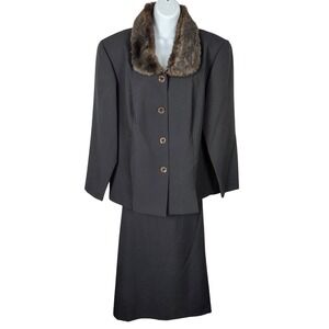 Halmode 16W Skirt Suit Black removable Faux Fur Collar Blazer vintage mod wife